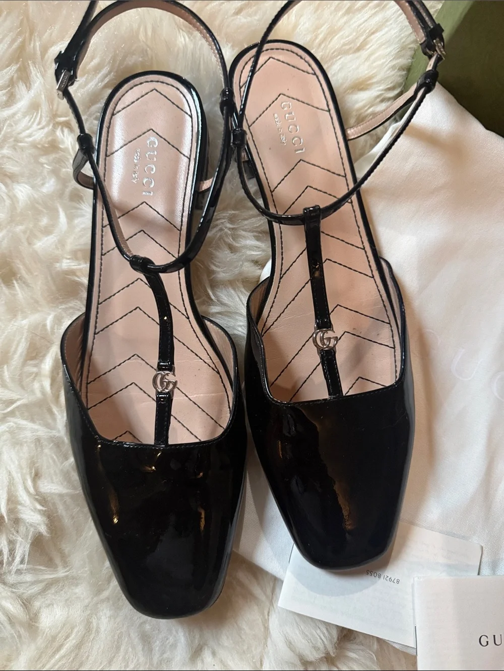 Gucci Black Patent Leather T-Strap Mules